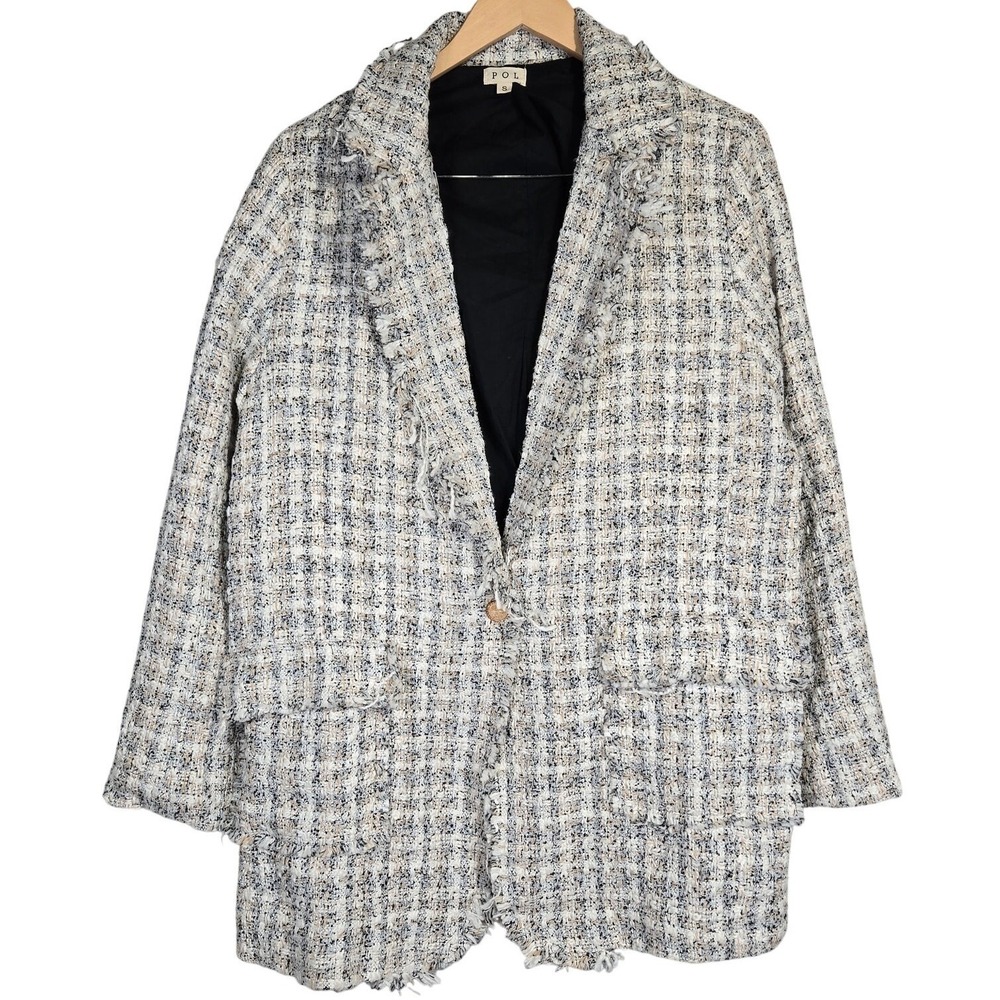 POL Tweed Fringe Blazer Jacket Women's Size S Multi Color Button Front